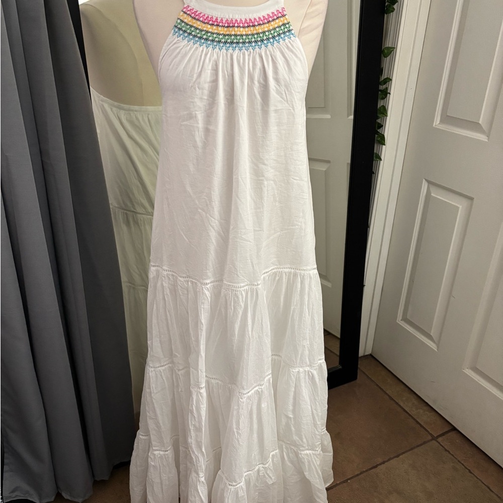 J. Crew White Maxi Dress with Colorful Embroidery